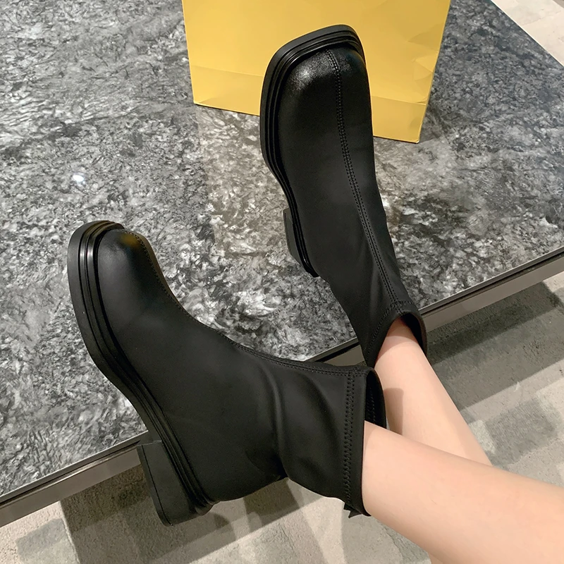 2023 Women's Shoes Winter Basic Ankle Women's Boots Concise Modern Boots Women Sewing Square Toe Square Heel Shoes Women Zapatos