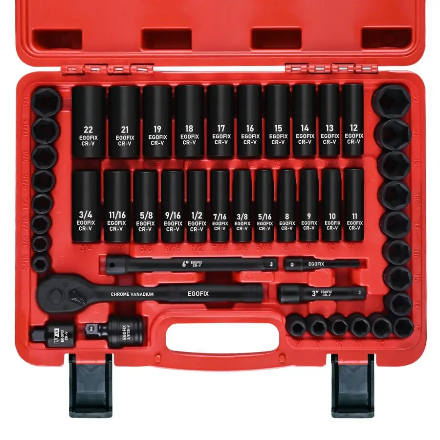 

8 Drive Impact Socket Set, 50 Piece Standard SAE 5 16 to 3 4 inch and Metric 822mm 6 Point, with Adjustable Ratchet Handle, Exte