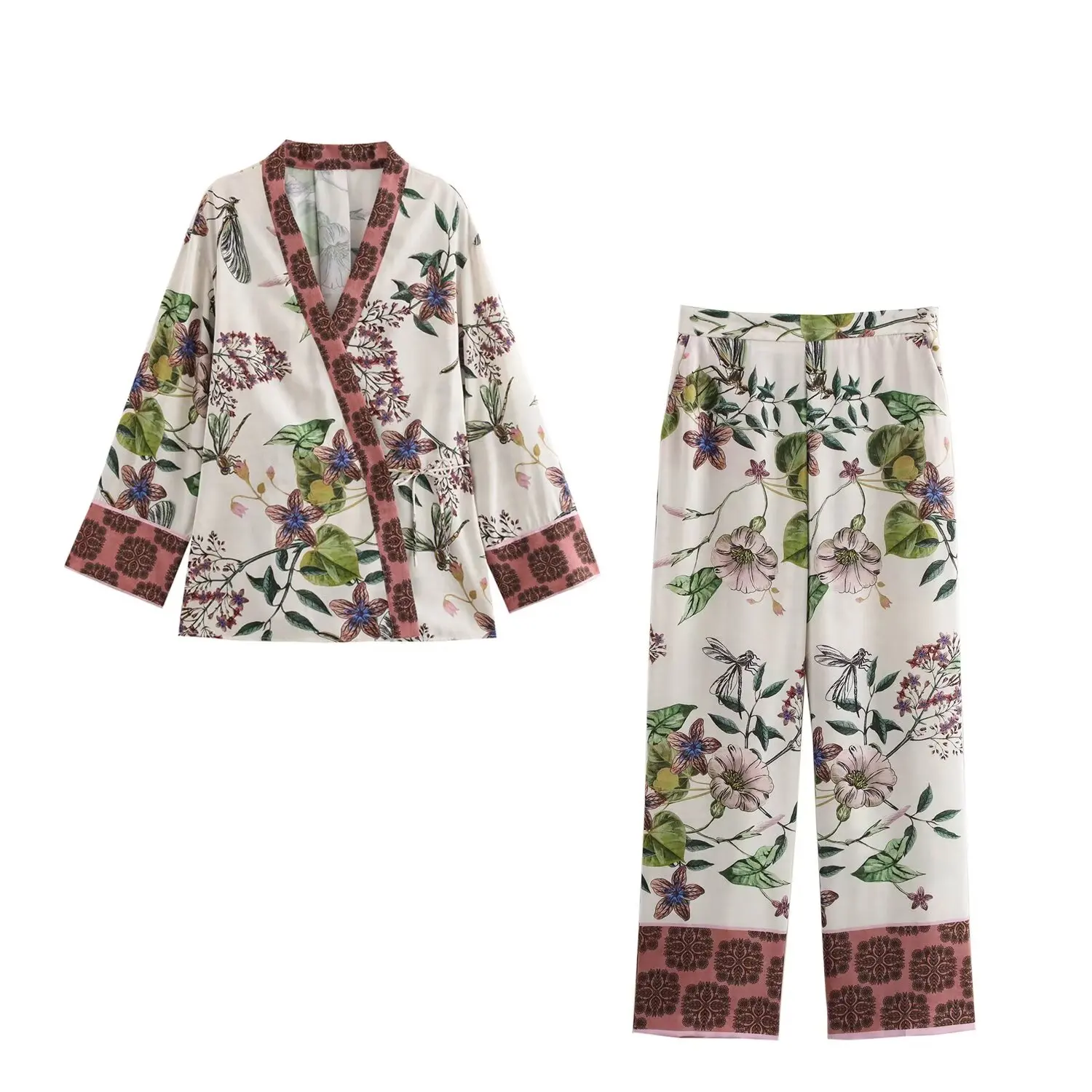 2024 New Autum Women\'s European And American Style Fashion Printed Kimono Shirt Casual Pants Street Style Casual Suit