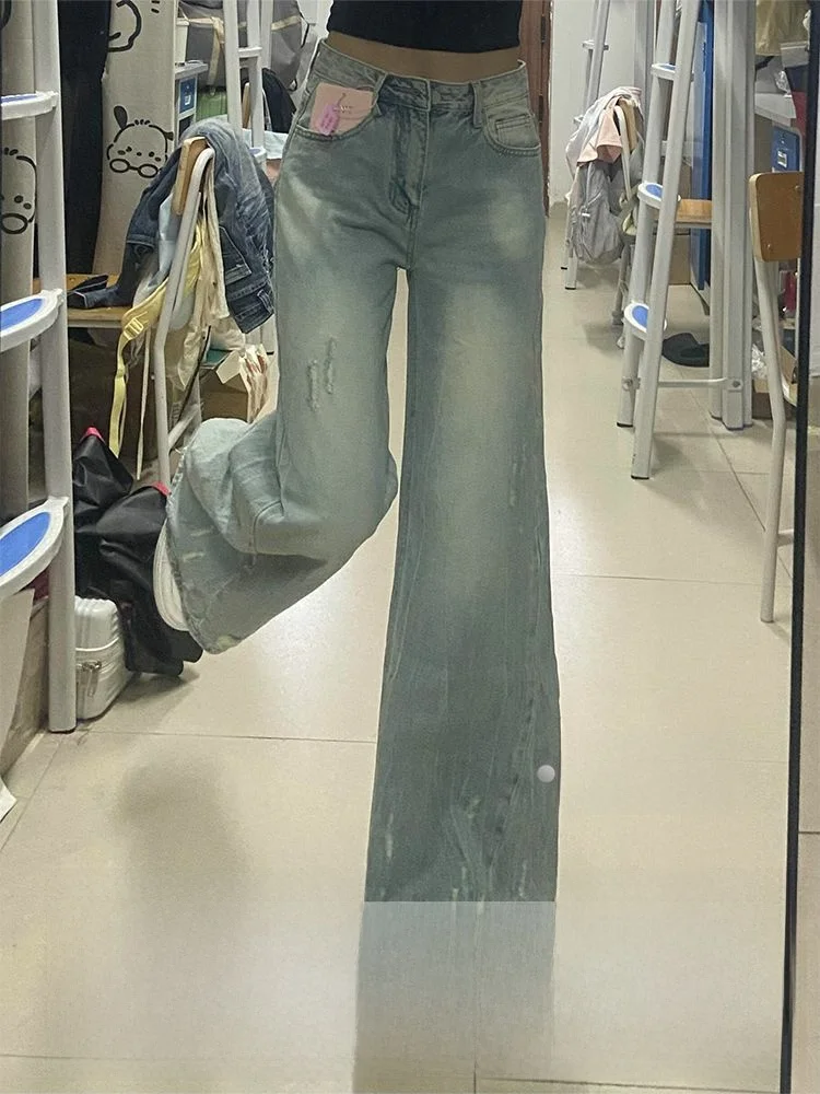 

Джинсы женские прямого кроя с широкими штанинами в стиле ретро, с эффектом потертости, больших размеров, для осени и зимы, новинка, повседневные, с эффектом рваных джинсов