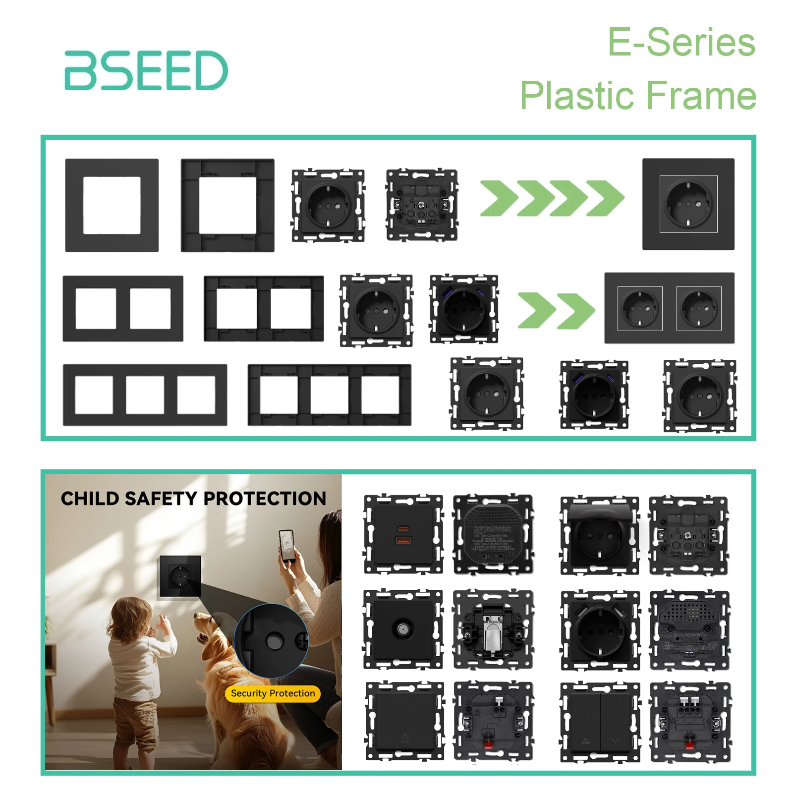 

BSEED пластиковая рамка, модули розеток CAT6, детали для телевизора, черные рамки, спутниковые комбинированные настенные розетки «сделай сам», USB-ключ для зарядки, серия E