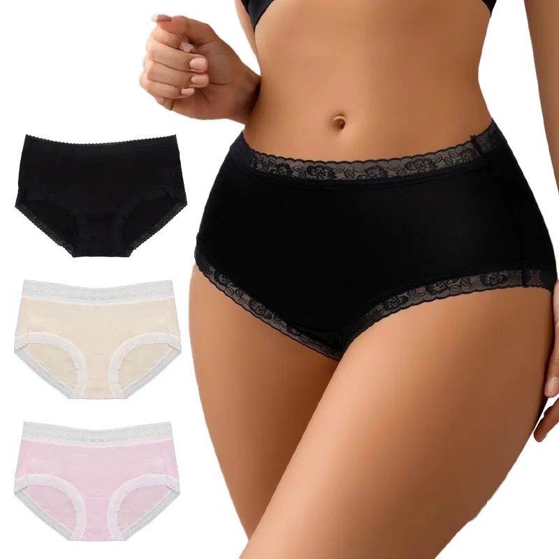 

40S Cotton Women Underwears Lace Mid-waist Antibacterial Crotch Briefs Sexy Lingerie Breathable Quick-drying Ladies Underpants