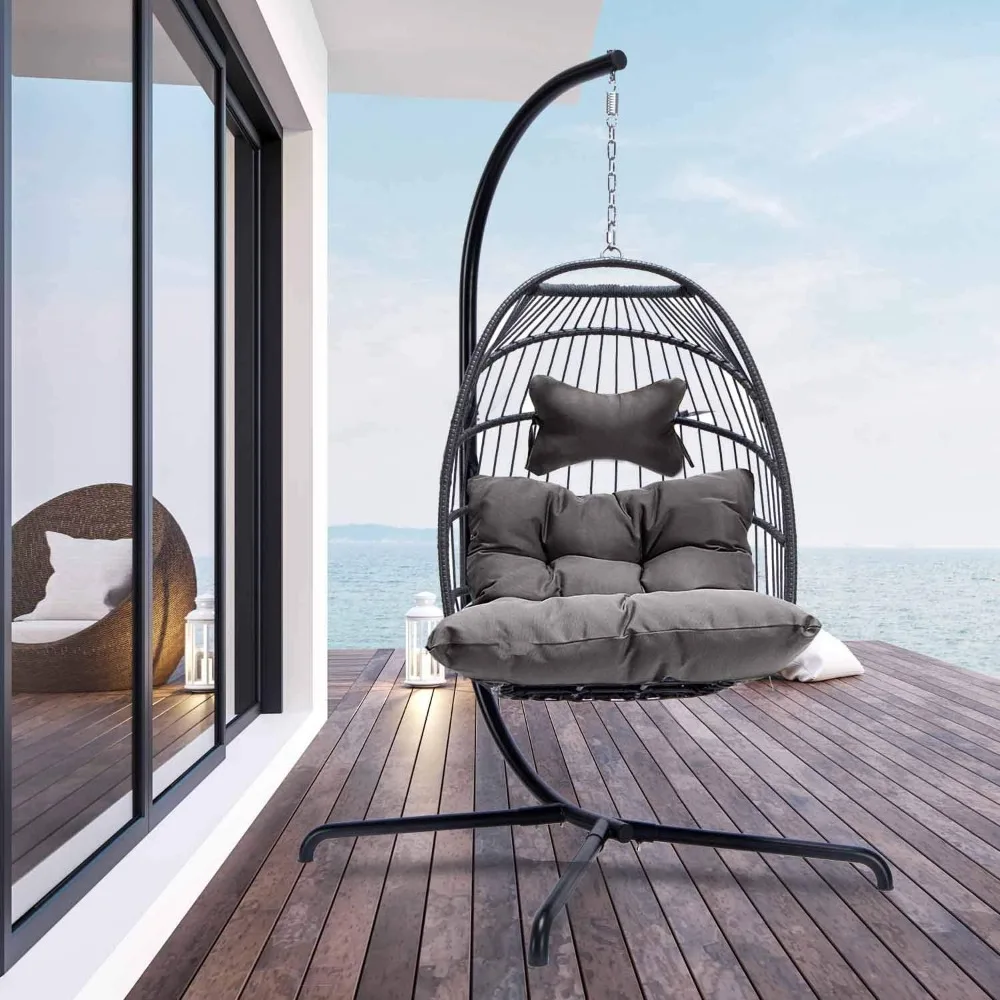 

Egg Chair Indoor Outdoor Patio Wicker Hanging Egg Chair Swing Egg Basket Chairs with Stand UV Resistant Cushions 350lb