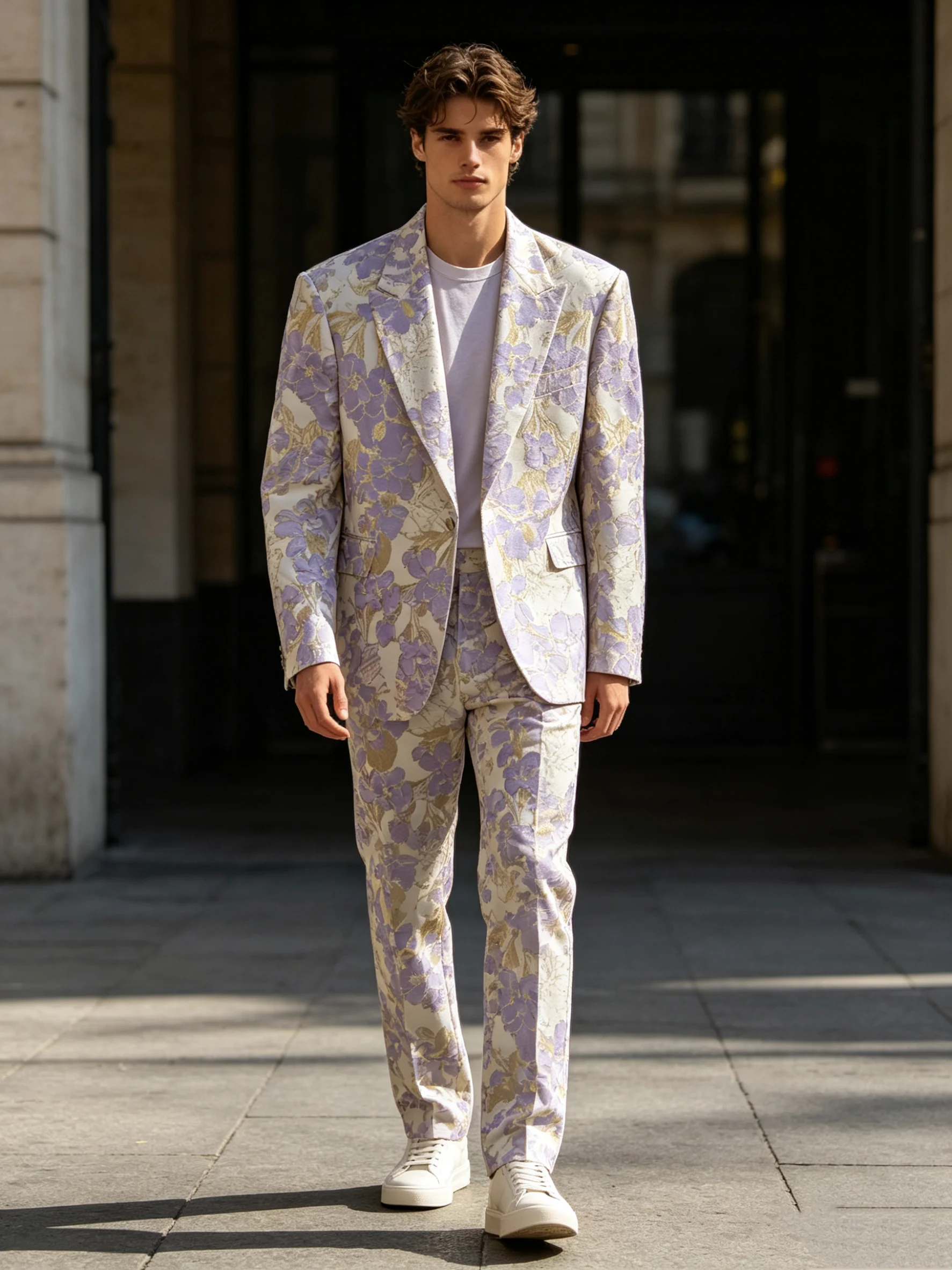 

Spring Floral Men Suit Set 2 Piece Blazer+Pants Cotton Prom Wedding Tuxedos Coat Customized Formal Office Fashion Groom Jacket