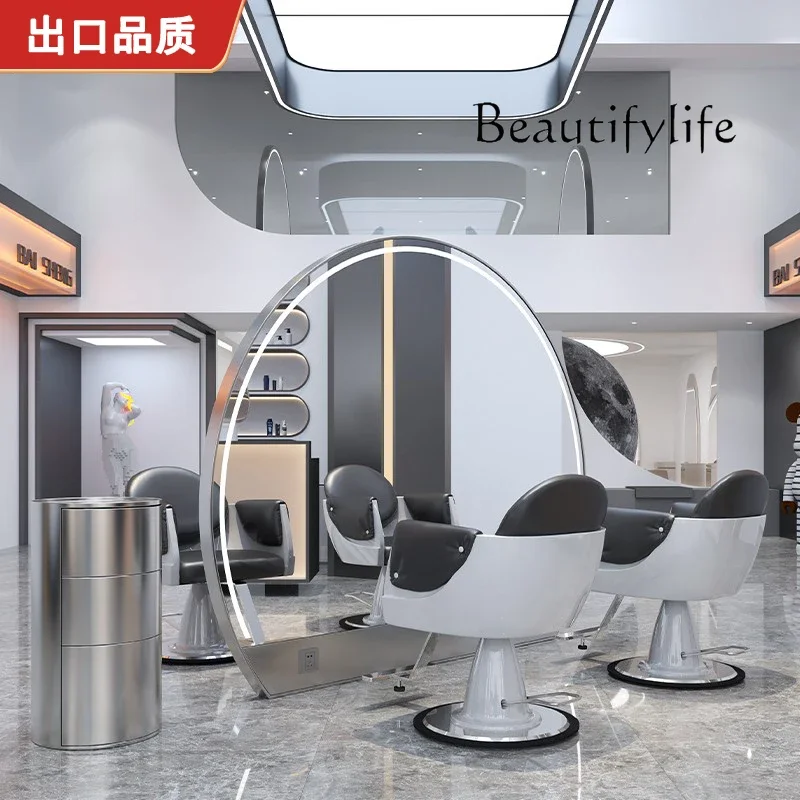 Large Semicircle Barber Shop Mirror with Led Full-Length Mirror Double-Sided Floor Mirror Hair Salon Dressing Table