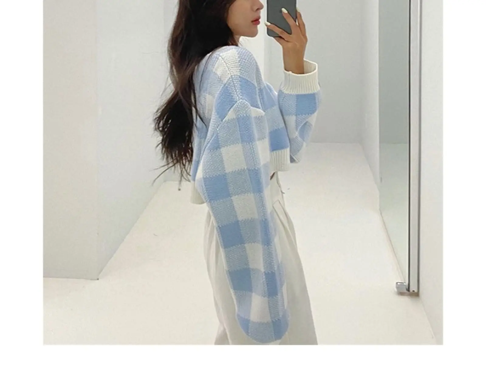 Pullovers Women Checkerboard Crop Knit Sweater Long Sleeve Crew Neck Box-fit Plaid Jumper Outfit