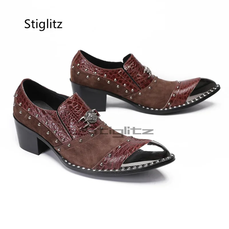 Metal Buckle High Heeled Men's Dress Shoes Genuine Leather Iron Toe Rivet Shoes Slip On Leather Formal Party Dress Shoes for Men