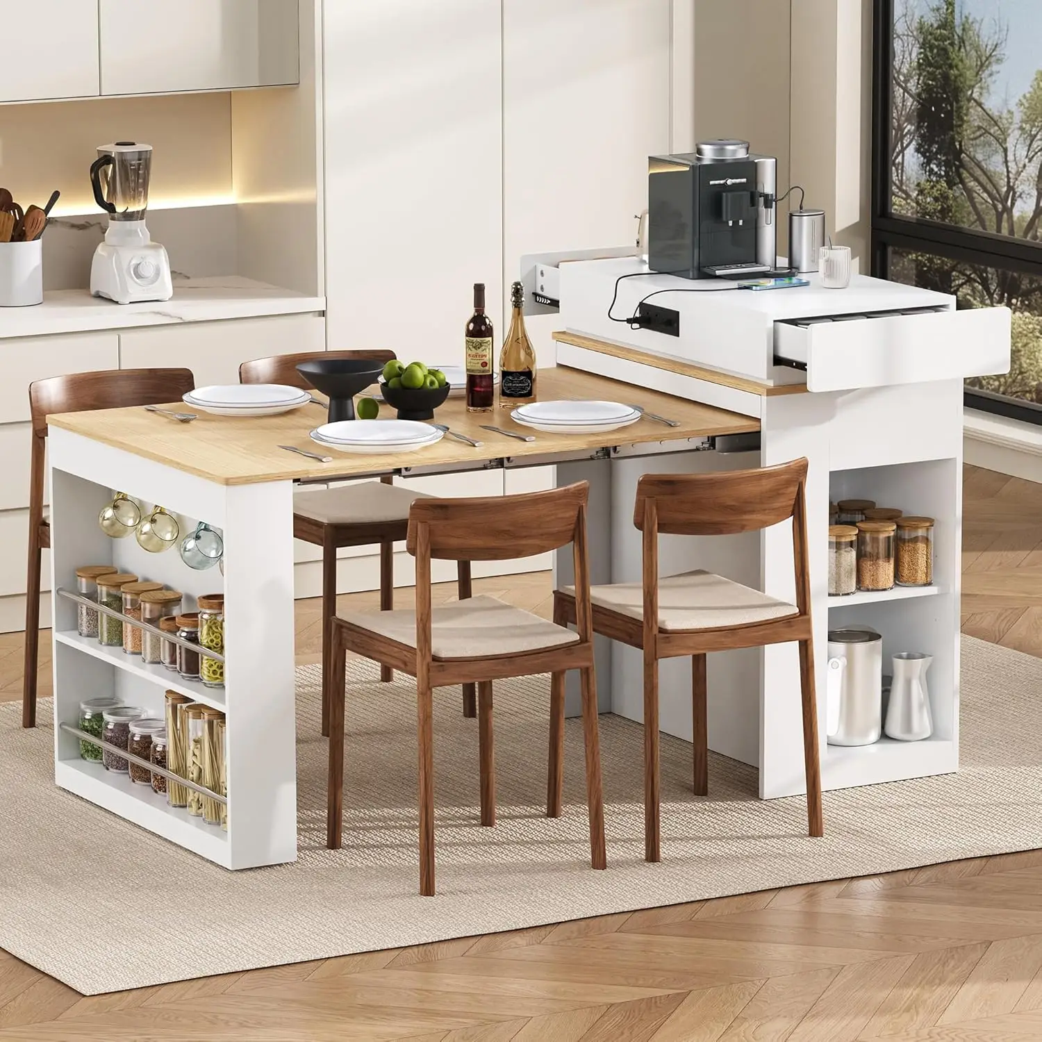 Extendable Dining Table with Folding Top, Kitchen Island with Drawers, Power Outlet, Wheels, Hooks and Storage, Customized