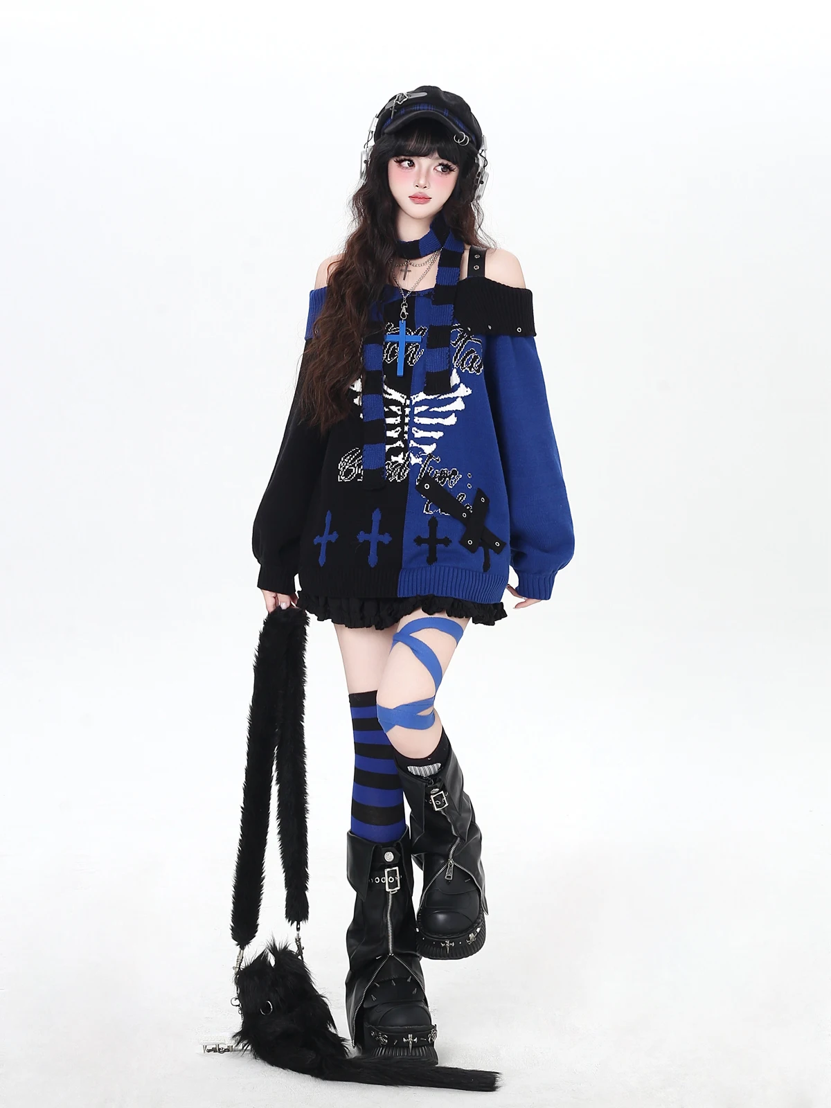 Crazygirl Original Y2K Gothic Subculture Shoulder-baring Design Sweater for Girls Loose Fit Long Sleeve Winter Fashion
