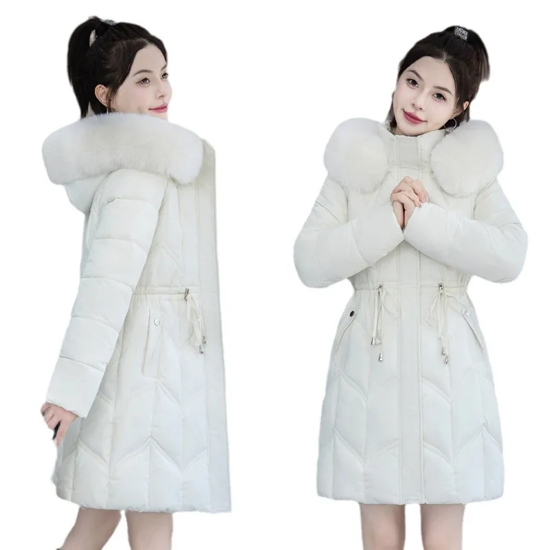 新しいアウターウェア、スタイリッシュな冬用コート、厚手の暖かいパッド入りコート、ミドル丈、韓国風ウエストシェイプコート、フード付きファーカラージャケット、女性用