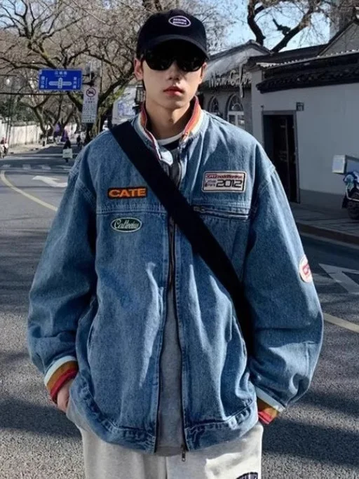 

American Retro Waed Stand Collar Denim Jaet Unique Design Personali Matching Couples Vintage Outerwear Loose Fit Jeans ...