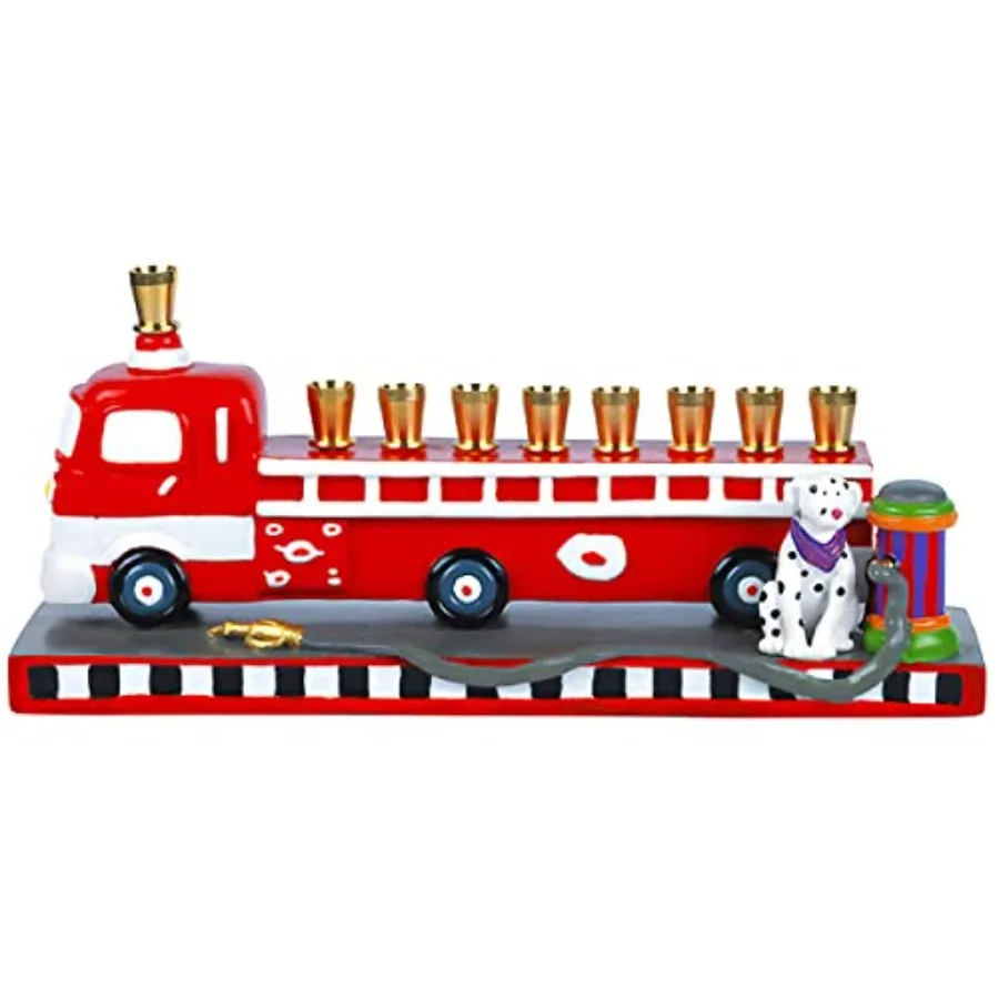 

Коллекционная 3D-менора в виде пожарной машины с скульптурой далматинца-пожарного пса и гидранта, ханукальная лампада, подходит для стандартных держателей.