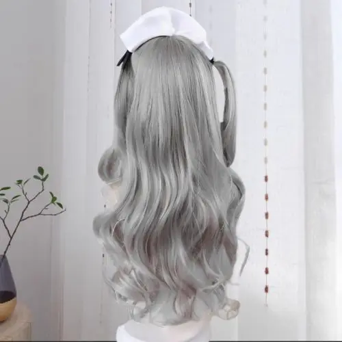 ‌ شعر مستعار لوليتا رمادي مجعد - شعر مموج ضخم لصور السفر Kawaii Cosplay Gothic Fashion قطعة شعر صناعية مقاومة للحرارة