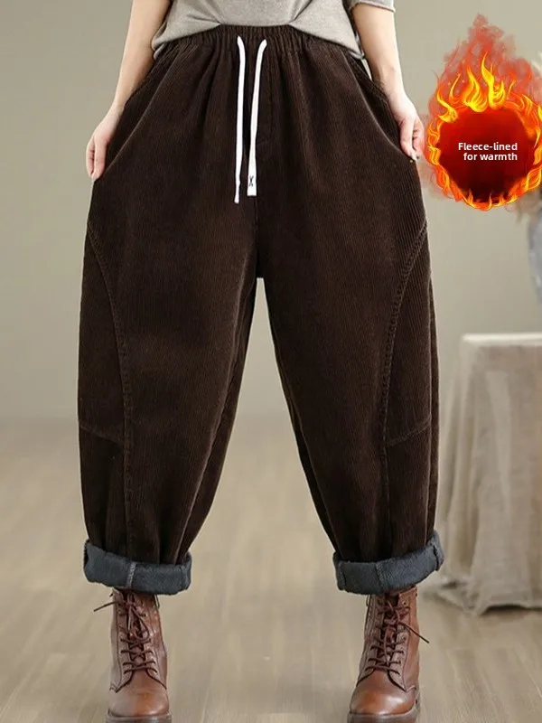 الرجعية Thiened Fce اصطف مرونة الخصر هارلان السراويل النسائية زائد حجم السراويل الدافئة عارضة القطن البوليستر مزيج الخريف... #1