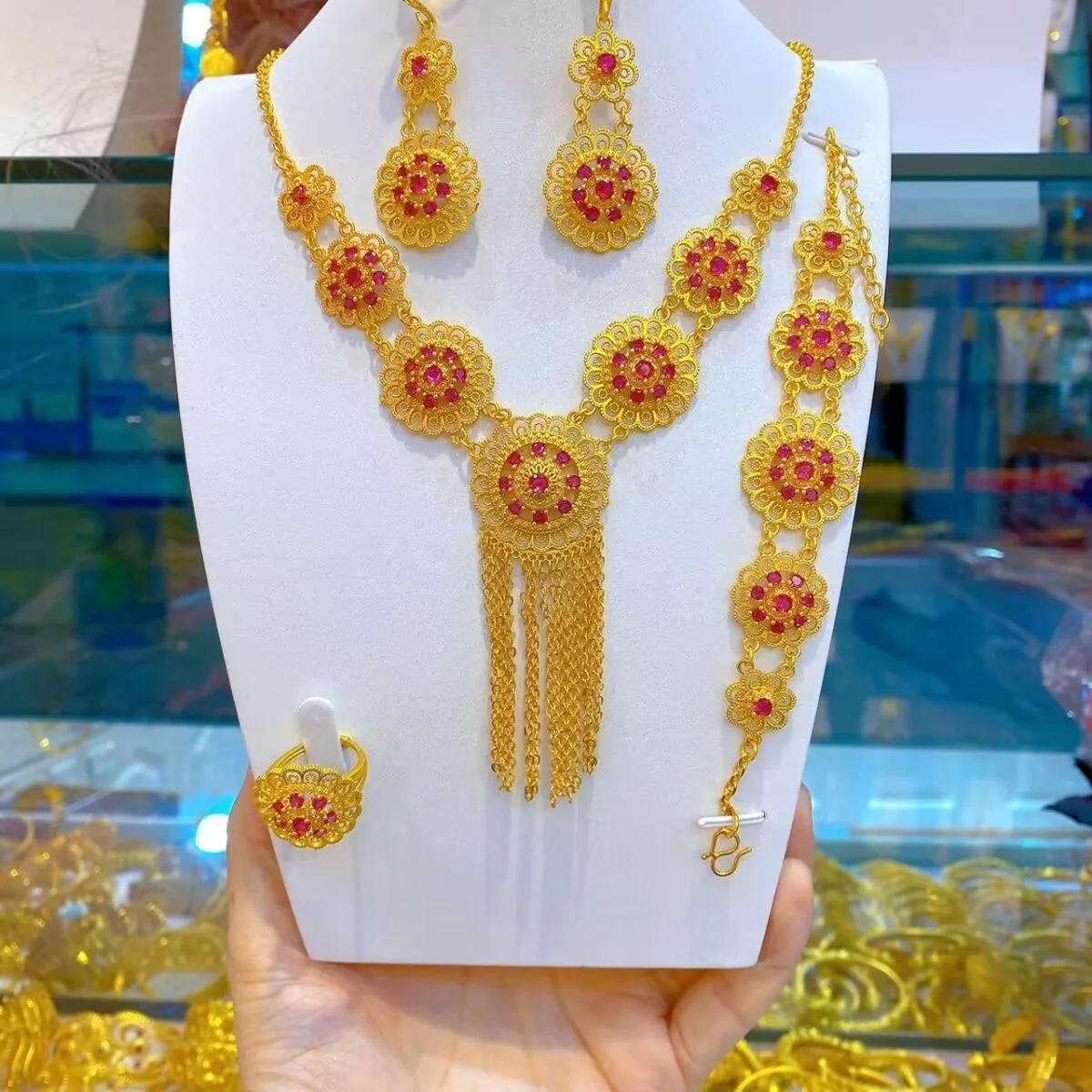 New Dubai 24k Gold Plated Jewelry Bridal Wedding Tassel Necklace Earrings Women's Ring Bracelet Jewelry Five Piece Set YY10273