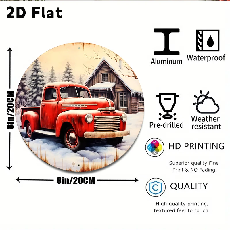 2D Flat-1pc علامة إكليل شاحنة عتيقة بألوان مائية - علامة شاحنة عتيقة - علامة إكليل مستديرة للشتاء - علامة عيد الميلاد لشاحنة عتيقة #2