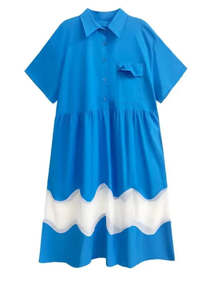 المرأة الأزرق منظور كبير الحجم قميص فستان جديد طية صدر السترة قصيرة الأكمام فضفاضة تناسب الموضة المد الربيع الصيف #5