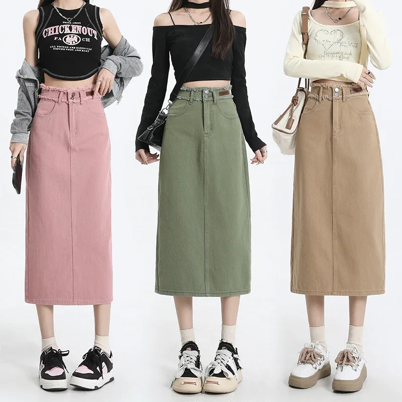 

100% Cotton Women's Slim Denim Skirt Summer Casual A-line Hip-covering Long Skirts Female Clothing Pink Khaki Green