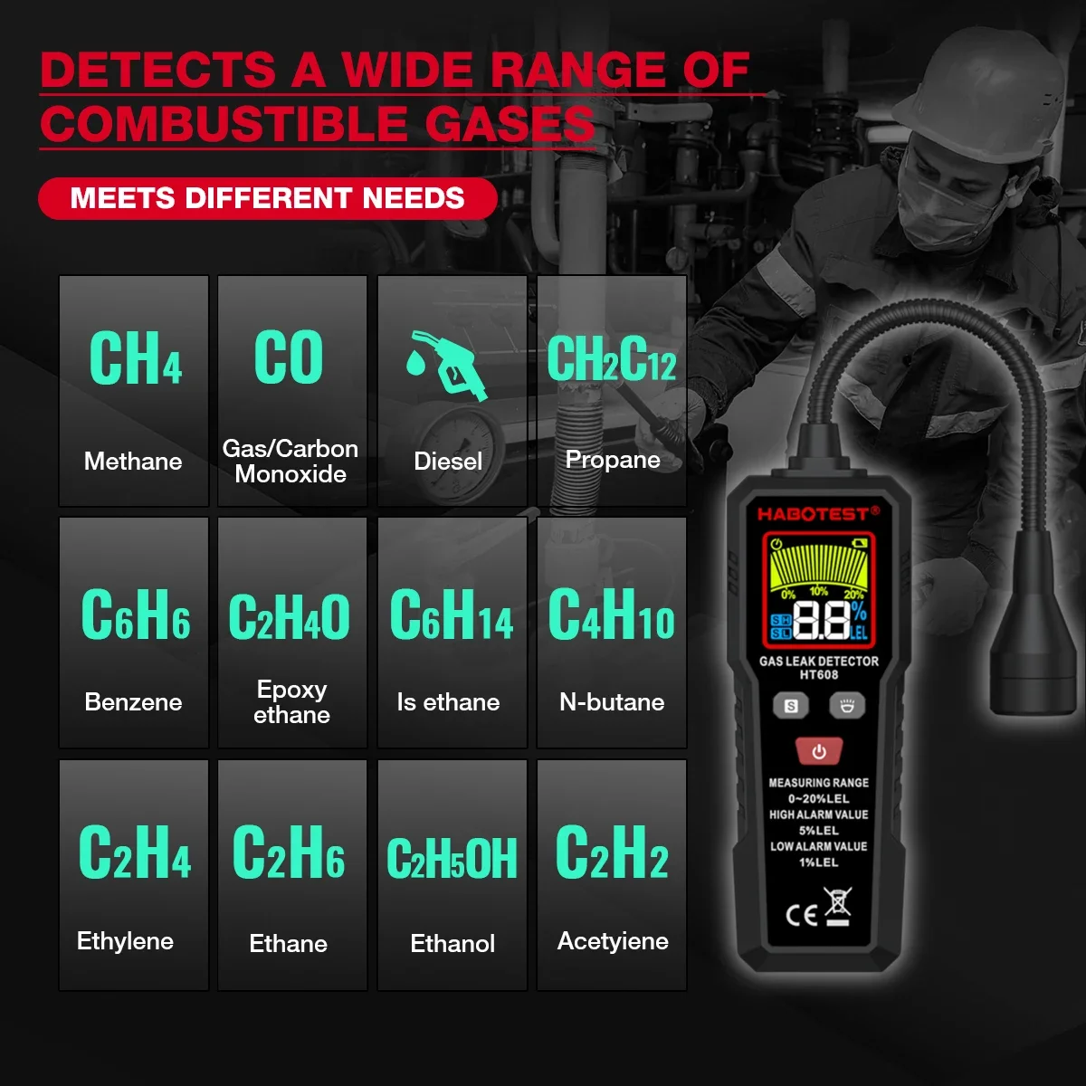 HT608 كاشف الغاز القابل للاحتراق مع إنذار الصوت والضوء 100-10000ppm المحمولة القابلة لإعادة الشحن اختبار تسرب الغاز القابل للاحتراق