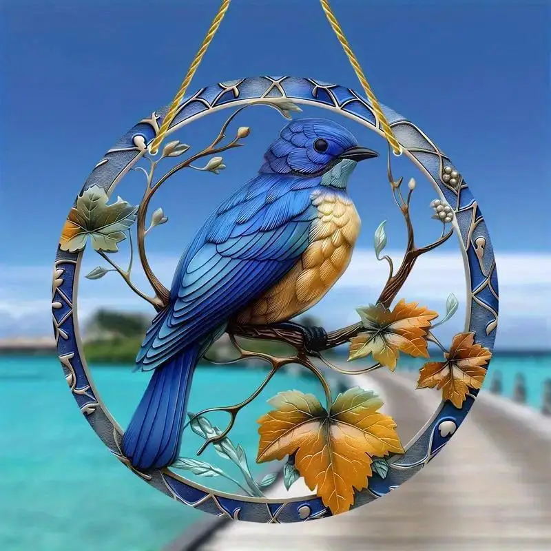 

1PC Bluebird Suncatcher - Round Acrylic Stained Glass Window Decor