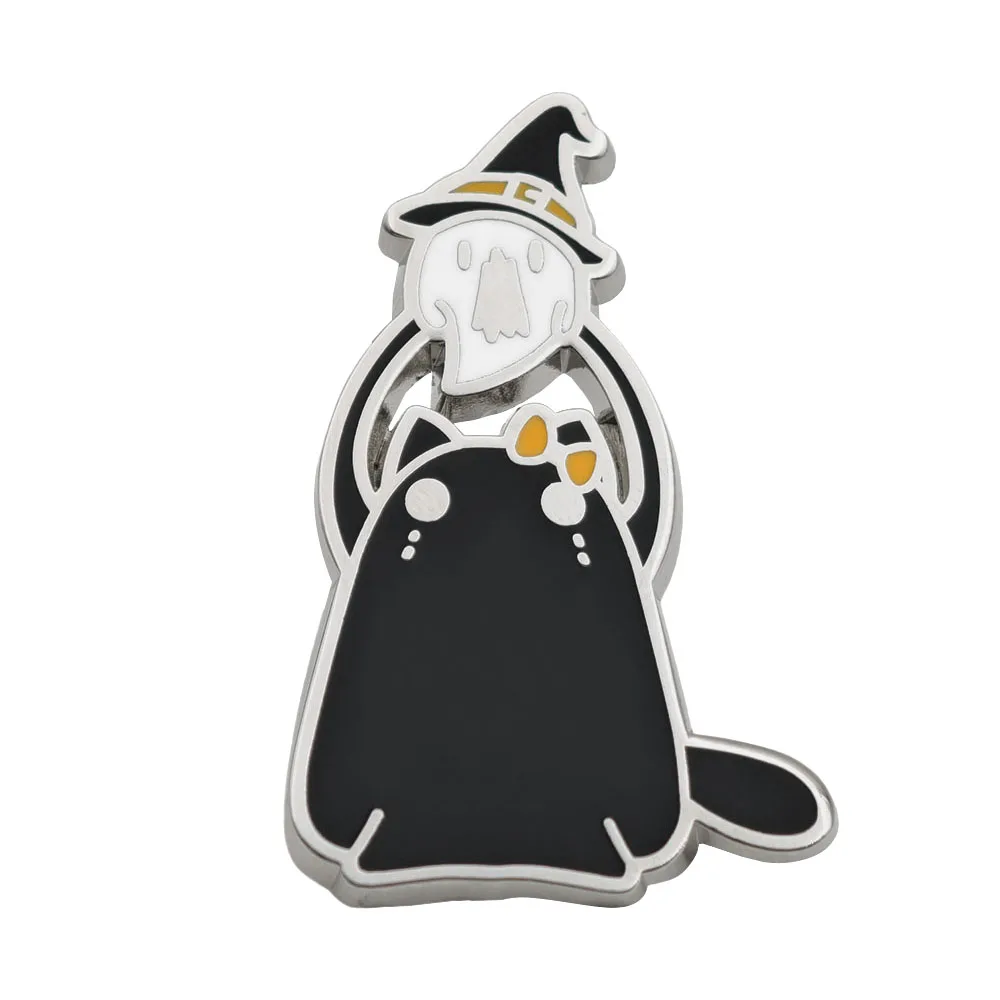 Niedliche Halloween-Geisterkatze, Emaille-Anstecknadel, schwarze Katzen-Brosche, Hexenhut, Reversnadel, Metallabzeichen, Kawaii, Gothic, Tier-Schmuck, Accessoire, Geschenk – Detail 1