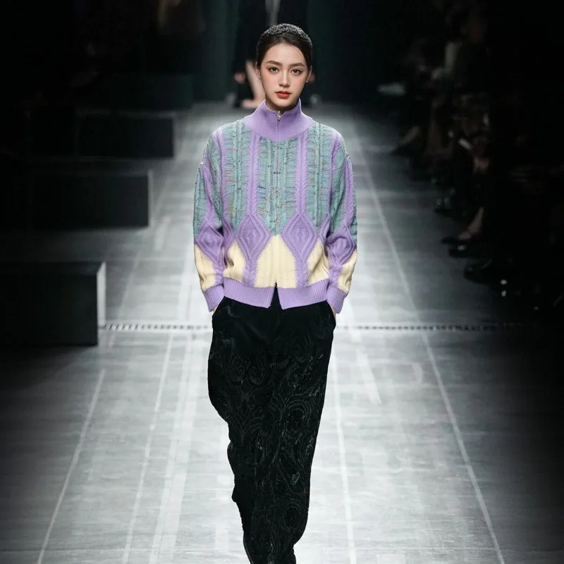 Damski sweter z golfem, dzianinowy kardigan, modny, odmładzający, uniwersalny, z długim rękawem i zamkiem błyskawicznym, model 2026.