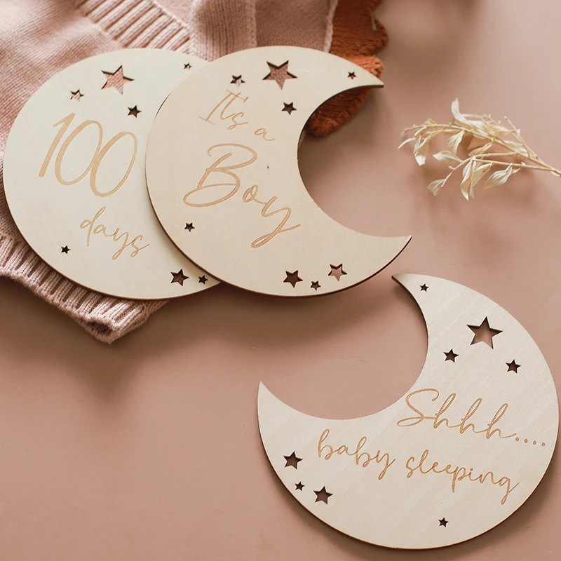 Newborn Milestone Moon 100th Day Commemoration Wooden Baby Milestone Card For Newborn Moon Shape Photography Props Accessories