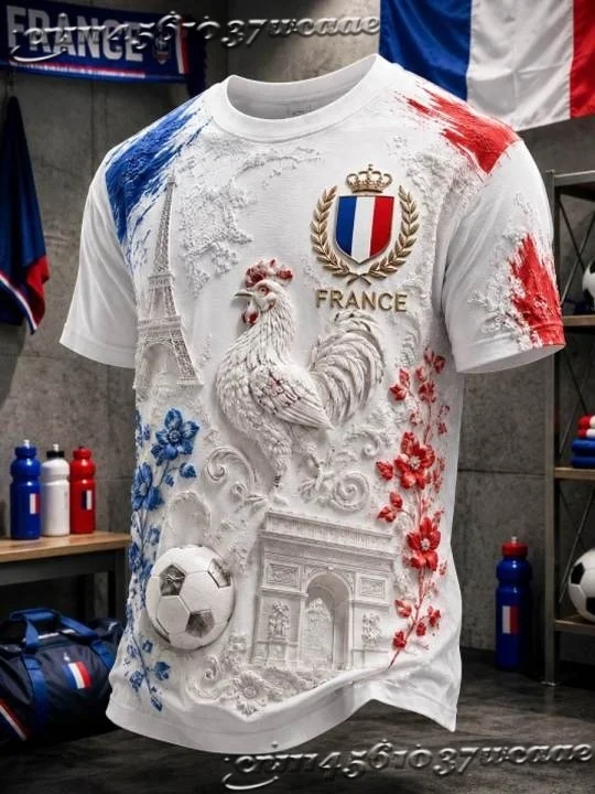 UnisexUnisex France Fan Soccer Jersey Golden Rooster Embossed Pattern Background Casual Street Athletic Uniform FamilyMatching