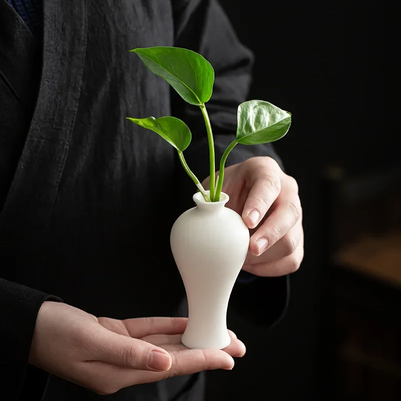 Simple Mini Small Vase White Porcelain Jade Holy-Water Vase Ornament Flower Arrangement Ceramic Tea Ceremony Home Decore