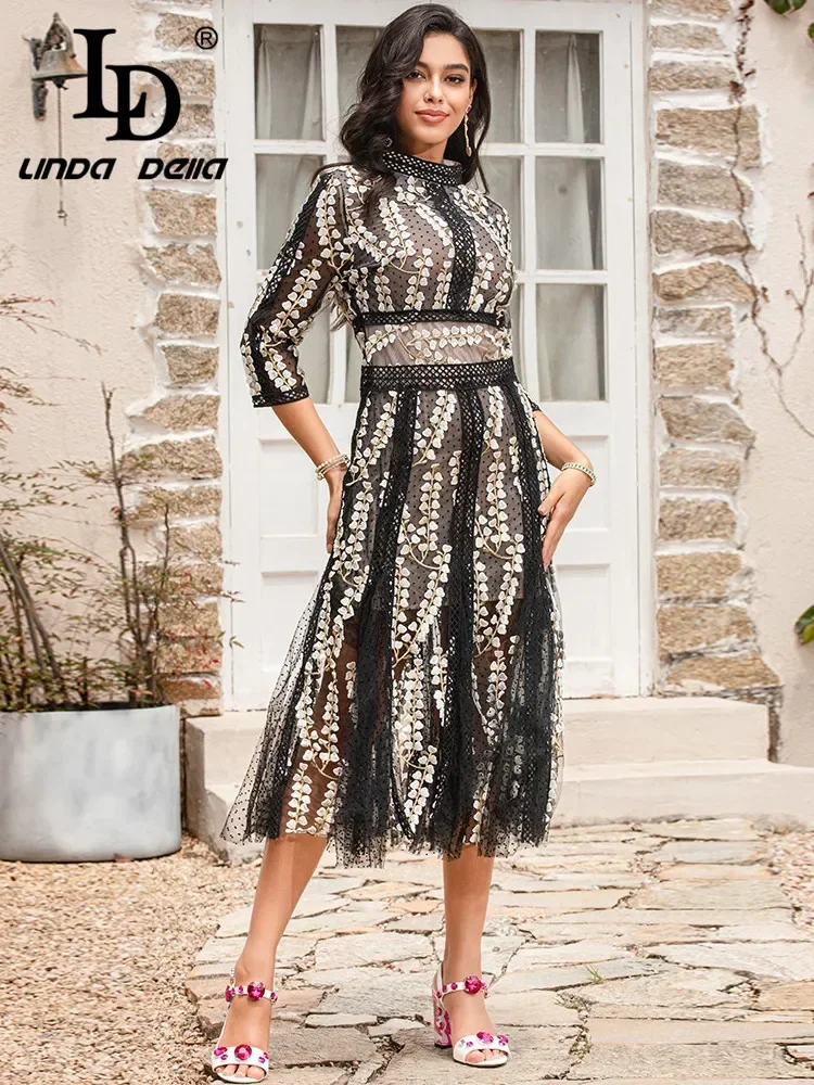 LD LINDA DELLA Summer Designer Fashion Dress Women's stand collar High Waist Embroidery Black Vintage Party Midi Dress