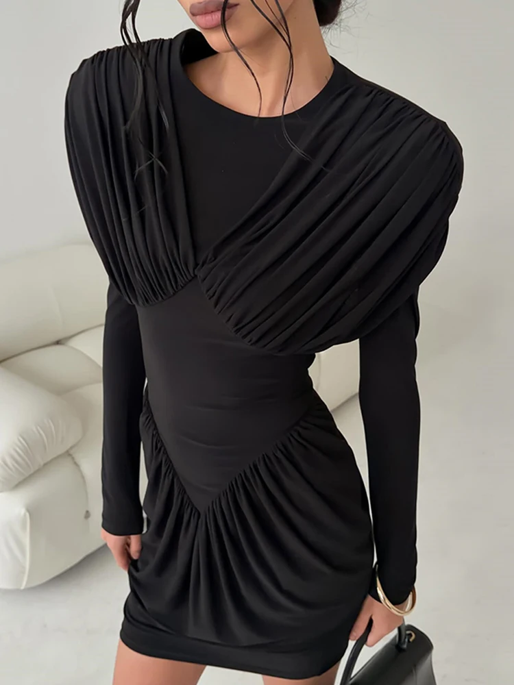 Sukienka damska z marszczeniami, patchworkowa, z dekoltem typu O, prosta, elegancka, marszczona, wiosenny trend, długi rękaw, gładka, elastyczna, obcisła mini bodycon