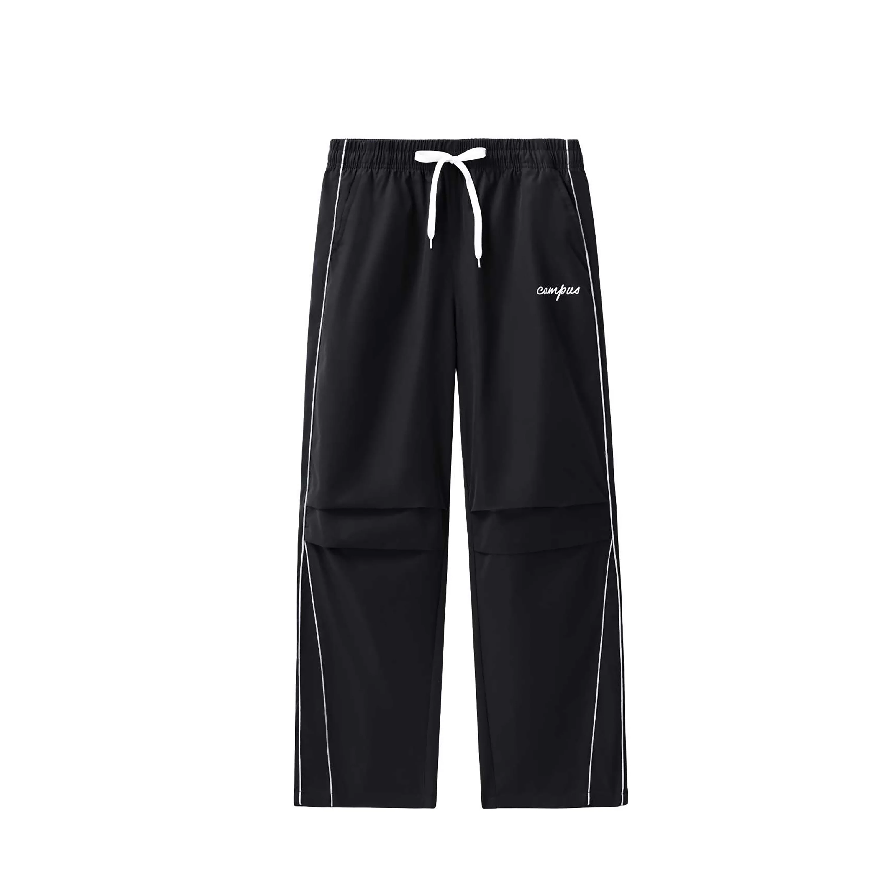 

Men’s Campus Style Casual Pants, Black Straight-Leg Trousers with Side Stripe, Drawstring Waist Loose Fit Sporty Streetwear Pant