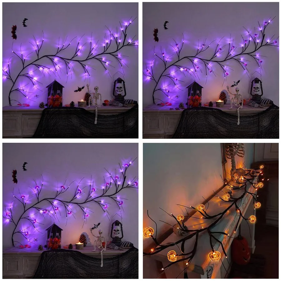 Luzes de corda LED Willow Vine, a pilhas, criativas, aranha, abóbora, morcego, guirlandas para quarto, decoração do lar, Halloween