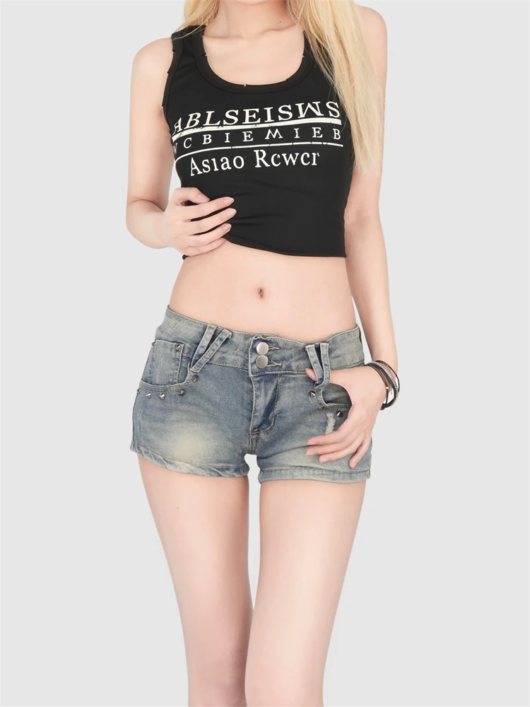 

Women's Double Button Rivet Design Sexy Denim Shorts Summer New Super Hot Girl Street Casual Female Hip Wrap Mini Shorts
