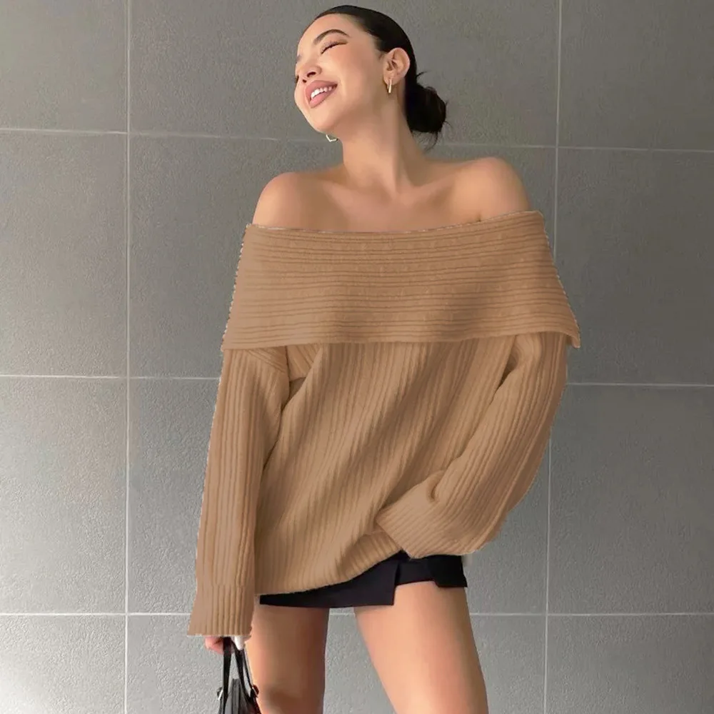 White Red Black Elegant Off Shoulder Knitted Loose Pullover Sweater 006