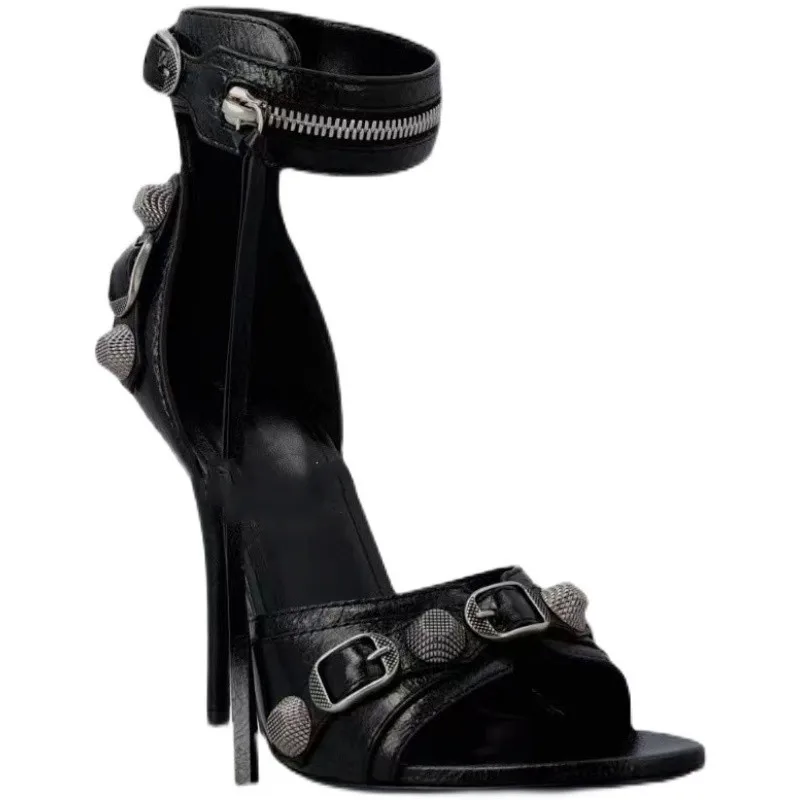 

New Women's Slim High Heel Black Leather Decor Button Sandals Summer Metal Decorative Banquet Women's Shoes High Heels Pumps
