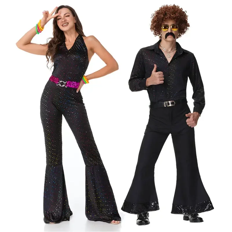 Adult Peace Love 60s 70s Music Festival Hippie Bell Pants Couple Suit Cosplay Halloween Carnival Retro Hippy Disco Fancy Party view 2