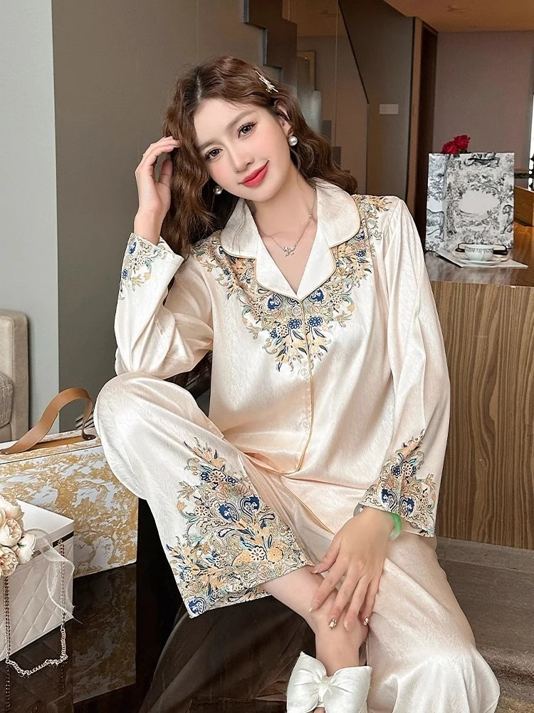 

Floral Satin Pajama Sets Women Long Sleeve Cardigan Pants Sleepwear Thin Autumn Homewear Luxury Vintage Nightwear Two-Piece Set