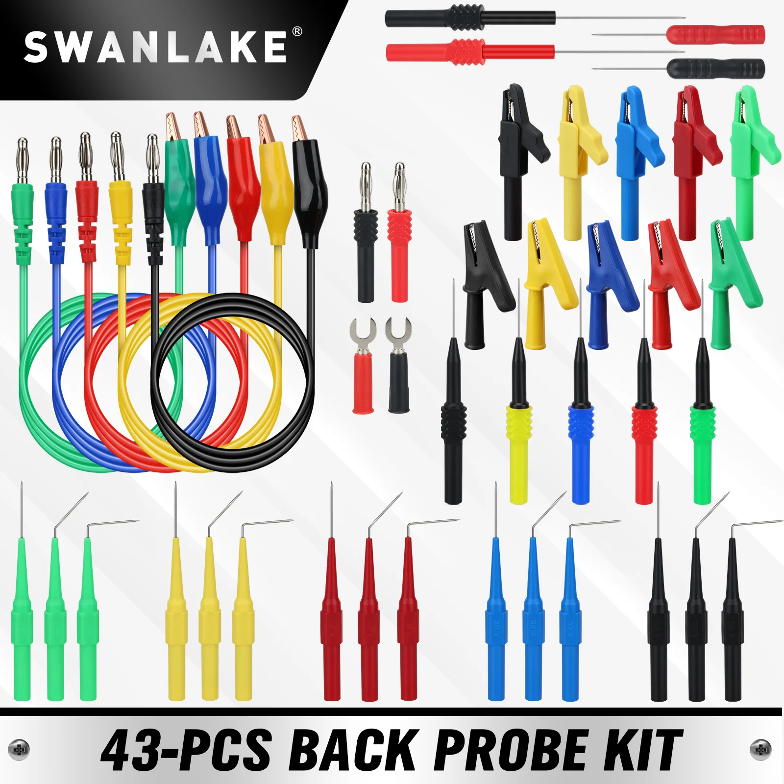 

SWANLAKE 43-Pc Back Probe Kit: 30A Multi-Angle Probes, Banana-Alligator Cables & U-Connectors for Auto Diagnostics