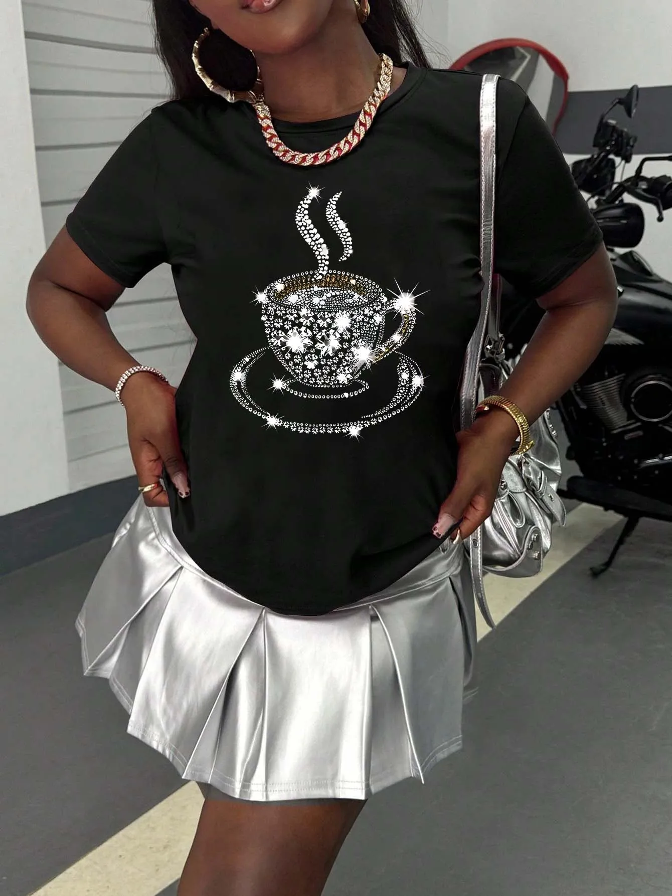 

Plus Size Sparkling Coffee Cup Rhinestone Tee Embracing Elegant Daily Glamour