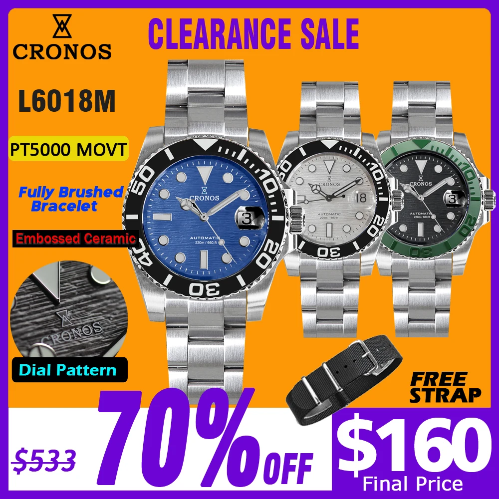 

Cronos Sub Diver Men Watch Stainless Steel PT5000 Brushed Bracelet Ceramic Bezel 200 meters Water Resistant L6018