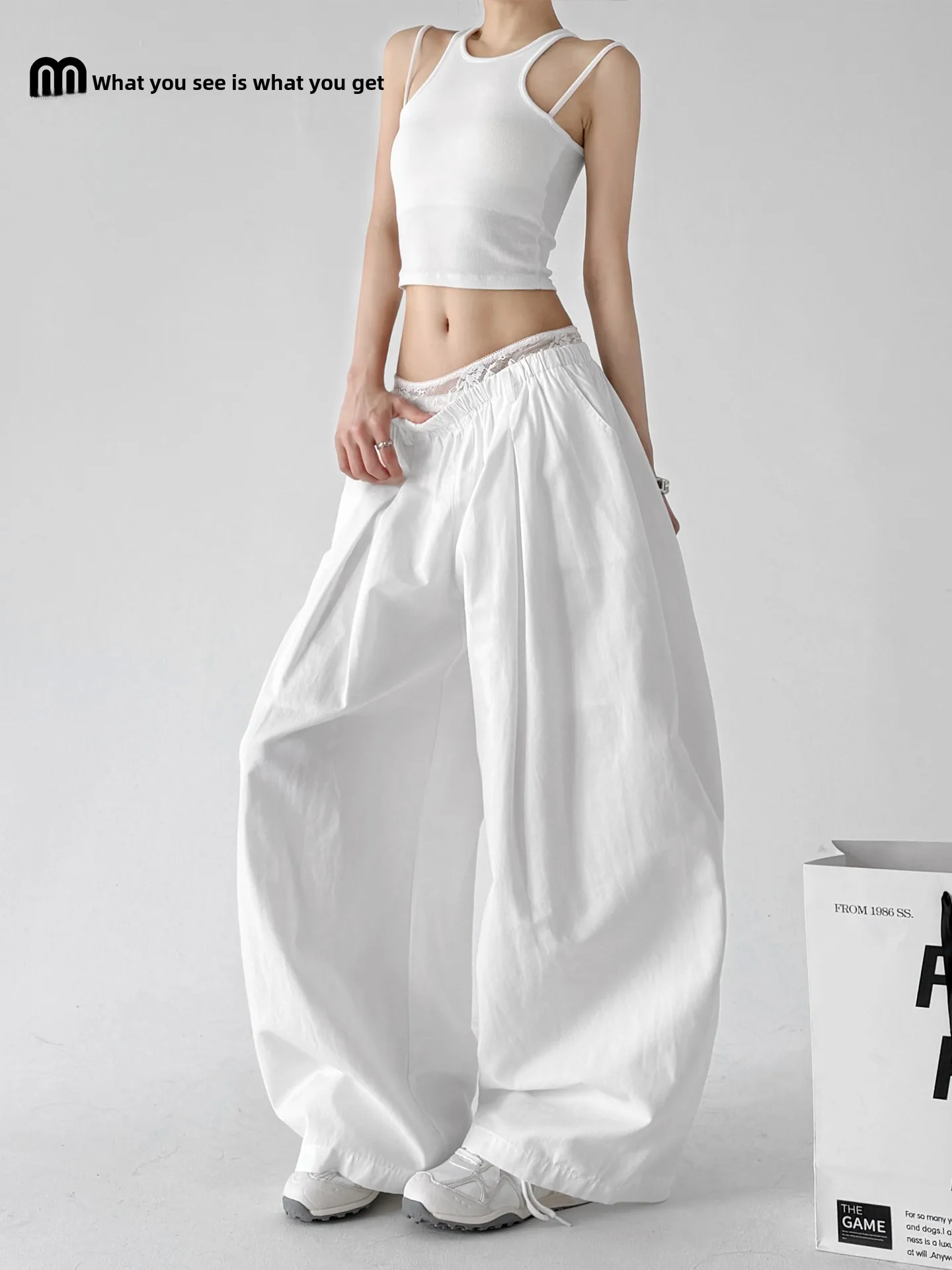 

Trendy Lace Wide Leg Pants Women's Summer New Loose Slimming Casual Pants High Waist Polyester Fiber Straight Tube Pants