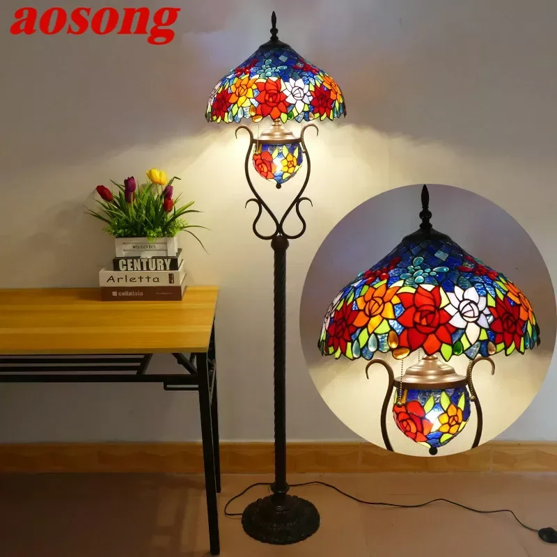 

AOSONG Tiffany Floor Lamp American Retro Living Room Bedroom Lamp Country Stained Glass Floor Lamp