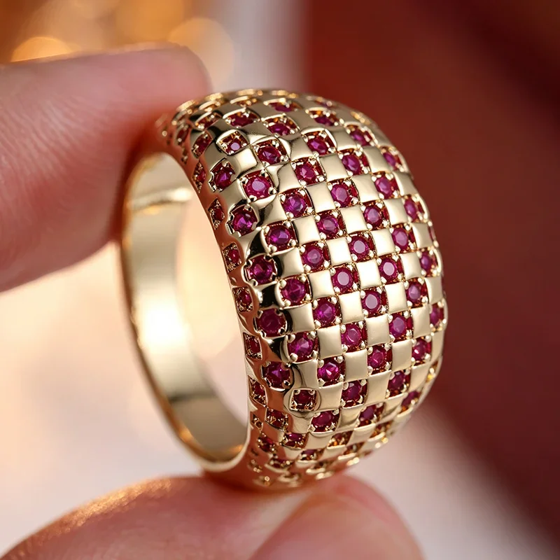 Ladies' Court Style Wide Edition Ring Featuring Checkered Design Inlay Red Cubic Zircon Sparkling Ring Gorgeous Jewelry