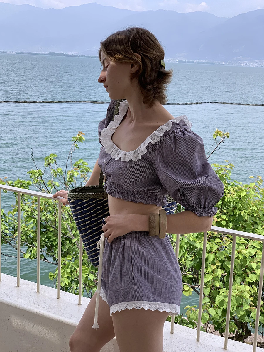 RORIRI التباين غرزة الدانتيل تقليم السراويل النساء مجموعة نفخة الأكمام قميص الرباط عارضة واسعة السراويل صالة عطلة الملابس #2