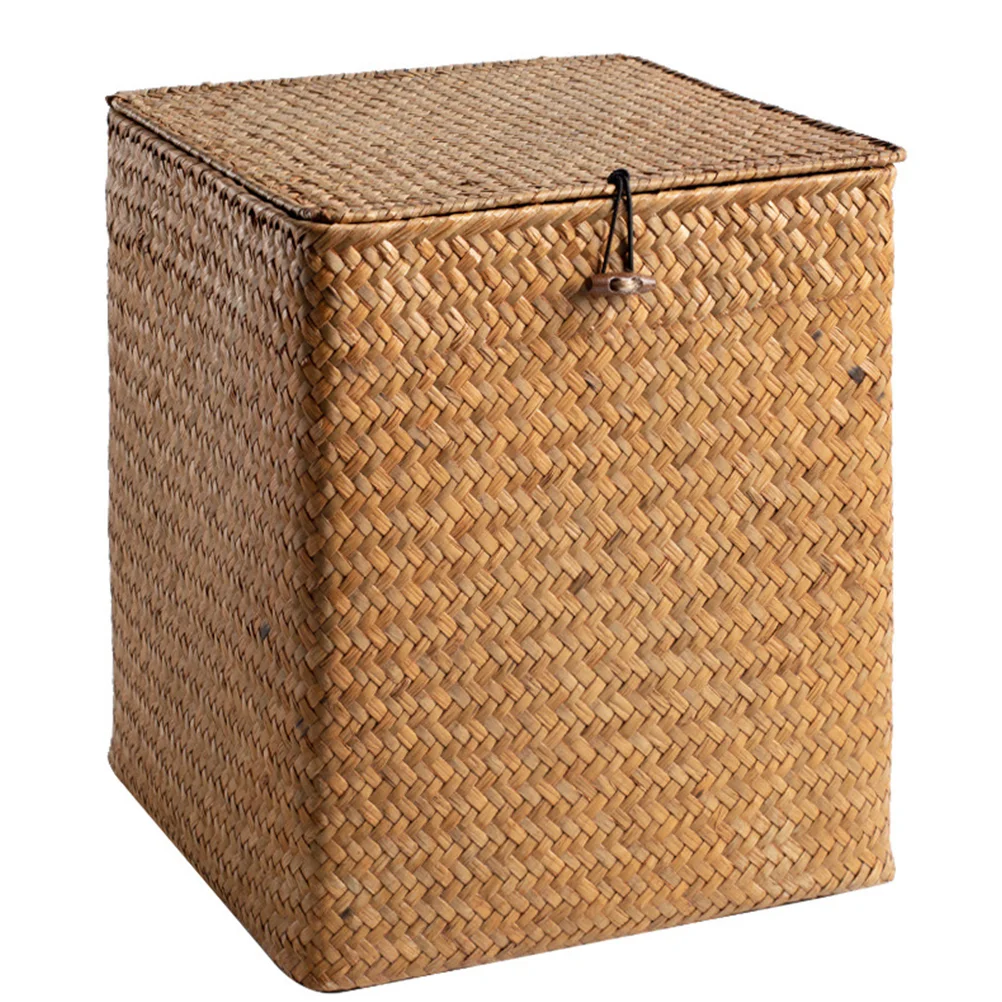 

Woven Storage Basket Picnic Bins with Lids Handwoven Case Light Brown Cattail Grass