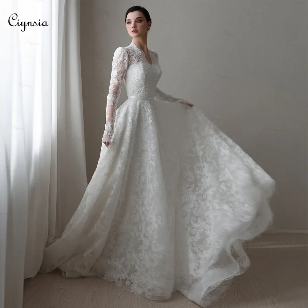 

Funyue Elegant Exquisite Lace Wedding Dresses with Sweep Train Long Sleeve A-Line Bridal Gowns 2026 Customized Vestidos De Novia