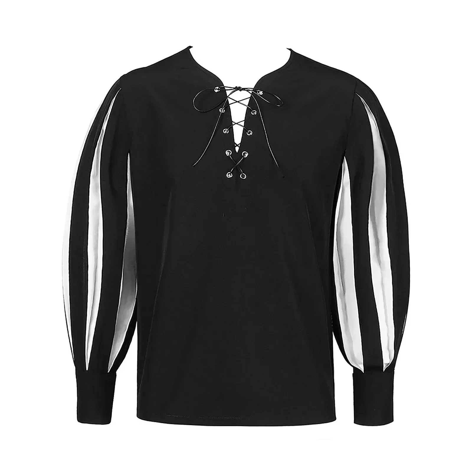 Men\'s Shirt Gothic Dark Contrast Lace Up Top Casual Vintage Medieval Renaissance Loose Soft Clothes Long Sleeve Male