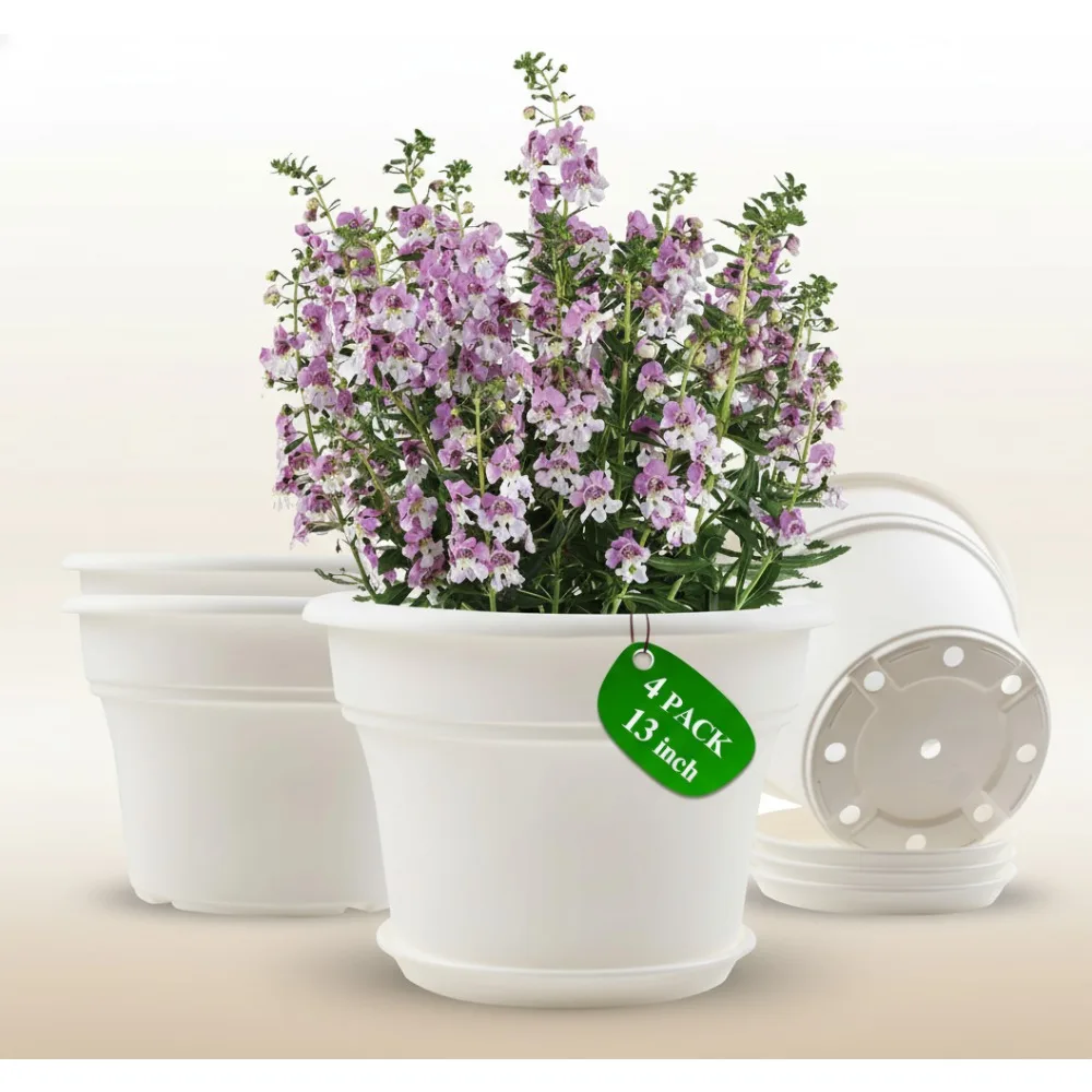 

13 Inch Plastic Flower Pots 4 Pack with Drainage Holes & Saucers, Indoor Outdoor Planters for Garden Decor