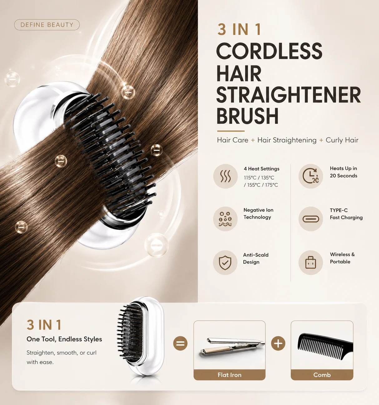 Fast Heating White Wireless Portable Charging Hair Straightener Brush Hair Straightener Comb Straightening Brush for Women